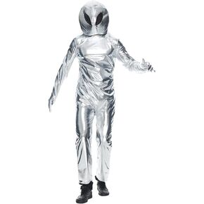 Unisex Adult Alien Costumes Cosplay Halloween Extraterrestrial Space Metallic Jumpsuit Bodysuit with Hood