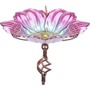 MUMTOP 31 Inch Height Glass Birdbath Birdfeeder with Metal Stake Garden Yard Outdoor Red