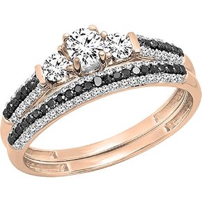 Dazzlingrock Collection Round White Sapphire, Black & White Diamond 3 Stone Wedding Ring Set for Women in Gold