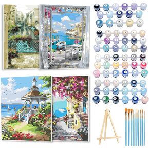 Ninonly 4 Pack Paint by Number for Adults Framed Canvas, DIY Arts and Crafts for Adults Beginner with Wooden Easel, Paint Brushes, Acrylic Paint Set for Home Wall Decor, 9 * 12 Inch