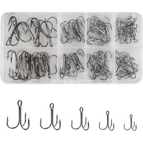 Fishing Hooks Treble Hooks Kit 130pcs High Carbon Steel Strong Sharp Round Bend Fish Hooks for Hard Baits Lures Treble Fishing Hooks Tackle Box