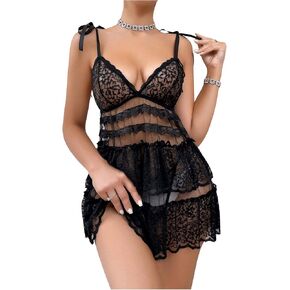 OYOANGLE Women's 2 Piece Mesh Lace Lingerie Set Ruffle Trim Chemise Nightgown and Thong Babydoll Outfits