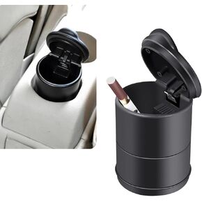 1 PC Car Ashtray, Creative Mini Isolation Odor Fireproof Safety Smokeless Trash Can with Lid, Keep Your Car Fresh Portable Cigarette Ashtray, Universal for Cars Travel Home Office (Black)