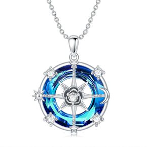Compass Necklace for Women Rose Flower Necklace for Women 925 Sterling Silver Sun Moon Star Necklace Opal Pendant Necklace Crystal Compass Jewelry Gifts