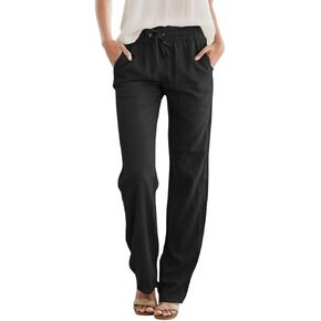 Womens Casual Linen High Waist Pants Drawstring Loose Fit Summer Pants Trousers with Side Pockets