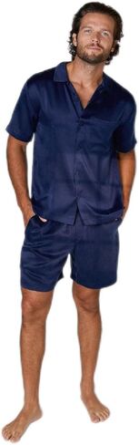 Lunya طقم قصير من الحرير قابل للغسل بأزرار باللون الأزرق الداكن in Kuwait