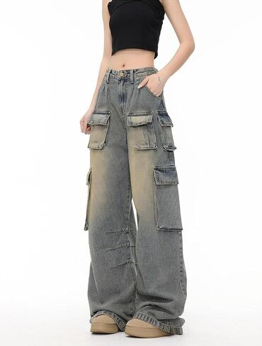 Cargo Pants with Pockets Men Women Baggy Jeans Y2k Wide Leg Grunge Loose Jeans Clothes Streetwear Black in Kuwait