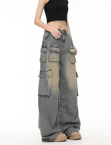Cargo Pants with Pockets Men Women Baggy Jeans Y2k Wide Leg Grunge Loose Jeans Clothes Streetwear Black in Kuwait