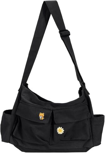 Vintage Canvas Crossbody Messenger Bag with Multiple Pockets and Hook-and-loop Closure, Ideal for School in Saudi Arabia