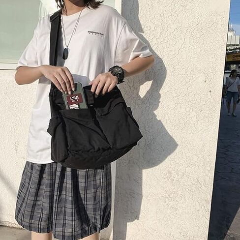 Vintage Canvas Crossbody Messenger Bag with Multiple Pockets and Hook-and-loop Closure, Ideal for School in Saudi Arabia