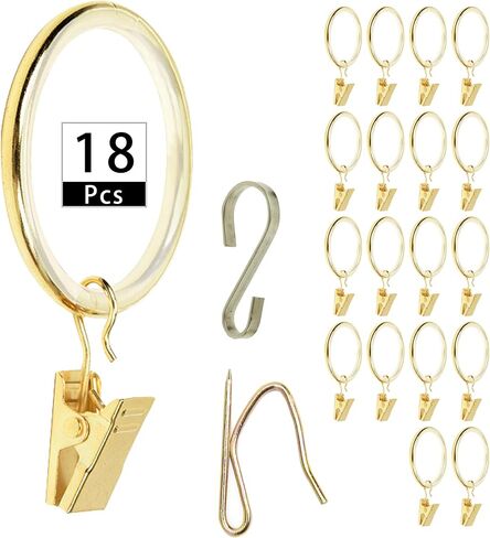 18 Pcs Black Luxury Drapery Curtain Rings with Clip Premium Metal with Quiet and Smooth Nylon Inserts S-hooks and pin hooks Included 1.4"" Inside Diameter Rings for Two Standard Curtains (Glod), Gold in Saudi Arabia