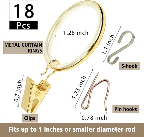 18 Pcs Black Luxury Drapery Curtain Rings with Clip Premium Metal with Quiet and Smooth Nylon Inserts S-hooks and pin hooks Included 1.4"" Inside Diameter Rings for Two Standard Curtains (Glod), Gold in Saudi Arabia