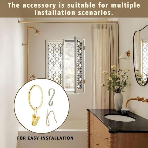 18 Pcs Black Luxury Drapery Curtain Rings with Clip Premium Metal with Quiet and Smooth Nylon Inserts S-hooks and pin hooks Included 1.4"" Inside Diameter Rings for Two Standard Curtains (Glod), Gold in Saudi Arabia