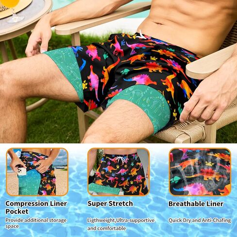 Mens Swim Trunks with Compression Liner 5 Inseam Quick Dry Swimwear Bathing Suit Swimming Board Shorts with 4 Pocket in Saudi Arabia