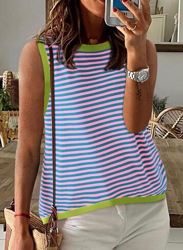Dokotoo Womens Summer Tops 2024 Casual Striped Color Block High Neck Tank Top Loose Knit High Low Sleeveless Shirts Blouses in Kuwait