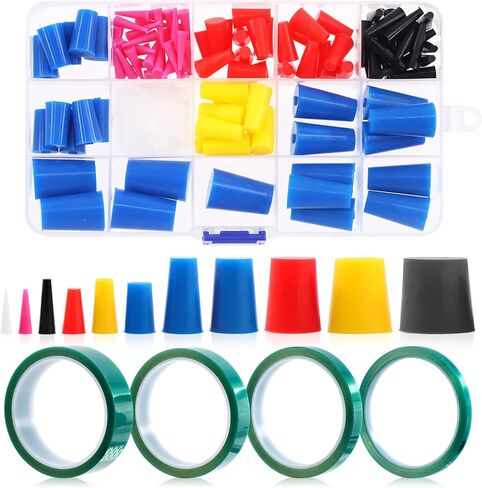 مجموعة متنوعة من 166 قطعة من سدادات مدببة من مطاط السيليكون و4 قطع شريط لاصق أخضر عالي الحرارة من PET لطلاء المسحوق، والطلاء، والأكسدة، والطلاء، وتطبيقات تفجير الوسائط. in Kuwait