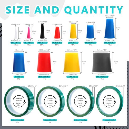 مجموعة متنوعة من 166 قطعة من سدادات مدببة من مطاط السيليكون و4 قطع شريط لاصق أخضر عالي الحرارة من PET لطلاء المسحوق، والطلاء، والأكسدة، والطلاء، وتطبيقات تفجير الوسائط. in Kuwait