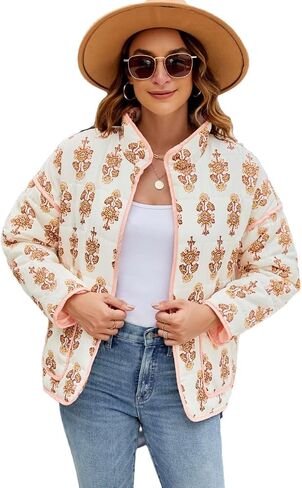 Women's Cropped Floral Quilted Jacket Lightweight Open Front Padded Puffer Coat in Saudi Arabia