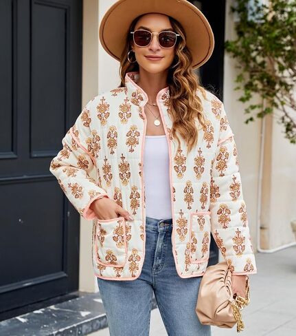 Women's Cropped Floral Quilted Jacket Lightweight Open Front Padded Puffer Coat in Saudi Arabia