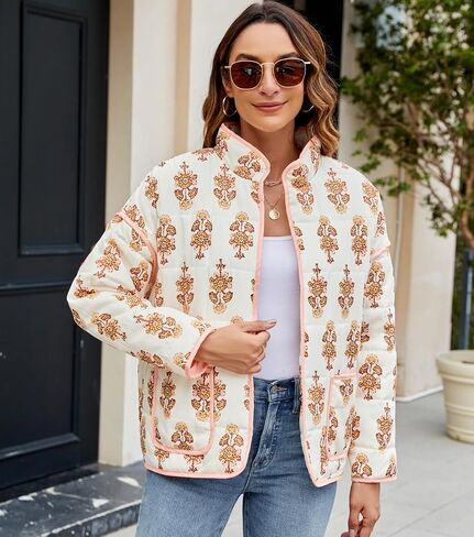 Women's Cropped Floral Quilted Jacket Lightweight Open Front Padded Puffer Coat in Saudi Arabia