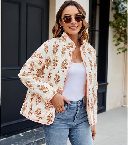 Women's Cropped Floral Quilted Jacket Lightweight Open Front Padded Puffer Coat in Saudi Arabia