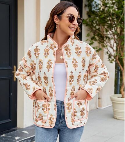 Women's Cropped Floral Quilted Jacket Lightweight Open Front Padded Puffer Coat in Saudi Arabia