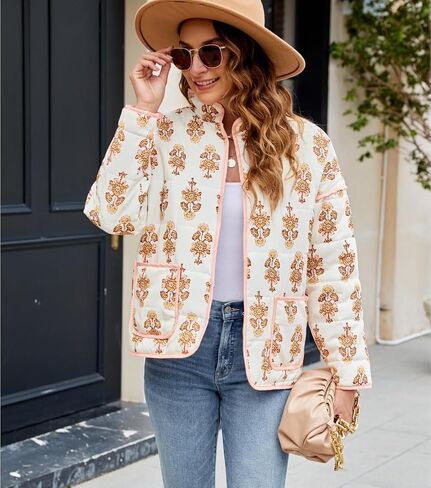 Women's Cropped Floral Quilted Jacket Lightweight Open Front Padded Puffer Coat in Saudi Arabia