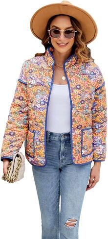 سترة نسائية قصيرة مبطنة بالزهور، معطف منتفخ خفيف الوزن ومفتوح من الأمام ومبطن in Kuwait