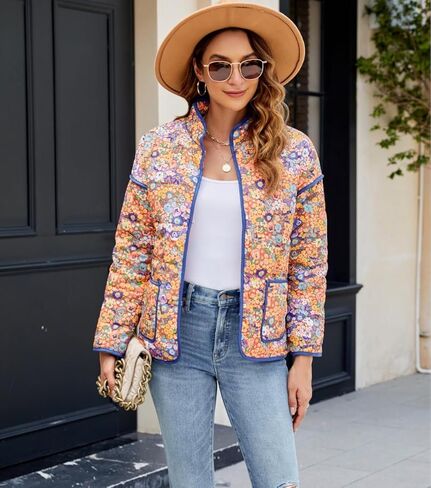 سترة نسائية قصيرة مبطنة بالزهور، معطف منتفخ خفيف الوزن ومفتوح من الأمام ومبطن in Kuwait