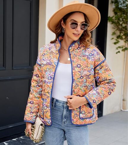 سترة نسائية قصيرة مبطنة بالزهور، معطف منتفخ خفيف الوزن ومفتوح من الأمام ومبطن in Kuwait