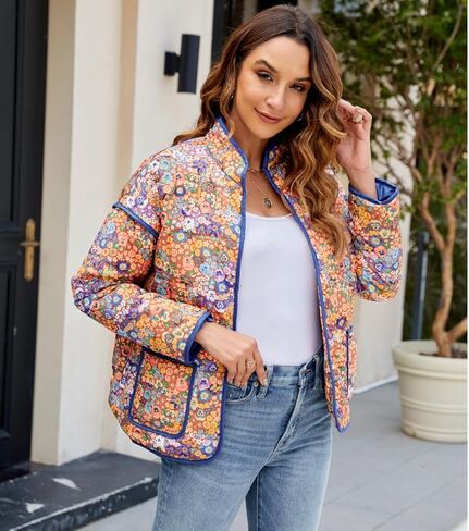 سترة نسائية قصيرة مبطنة بالزهور، معطف منتفخ خفيف الوزن ومفتوح من الأمام ومبطن in Kuwait