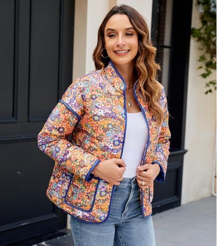 سترة نسائية قصيرة مبطنة بالزهور، معطف منتفخ خفيف الوزن ومفتوح من الأمام ومبطن in Kuwait