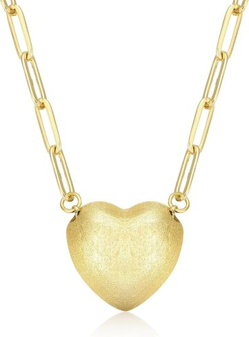 KWWLOTEE Puffy Heart Necklace 14K Gold Plated on Stainless Steel Paper Clip Chain | Shinny Or Brushed Finish Cute Heart Necklaces Gifts for Women Teen Girls 16 + 2 inches… in Saudi Arabia