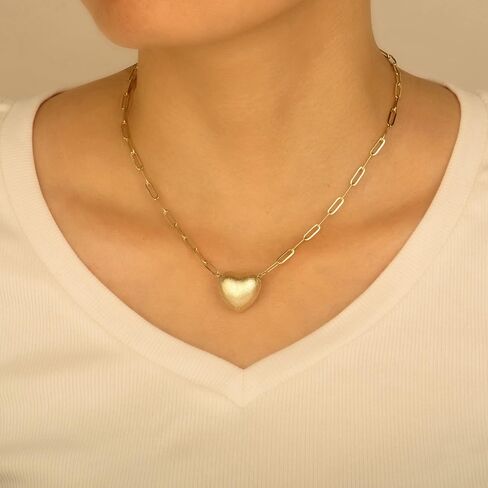 KWWLOTEE Puffy Heart Necklace 14K Gold Plated on Stainless Steel Paper Clip Chain | Shinny Or Brushed Finish Cute Heart Necklaces Gifts for Women Teen Girls 16 + 2 inches… in Saudi Arabia