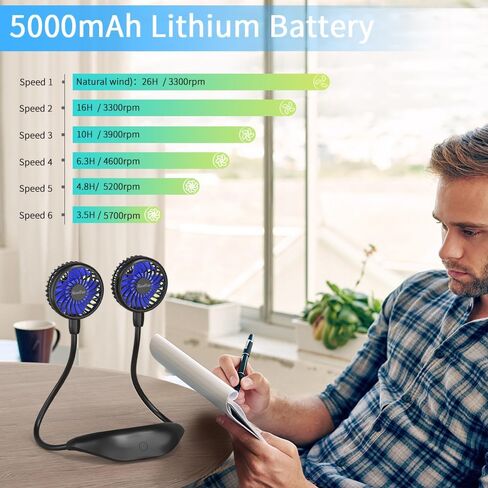 HandFan 10000mAh Portable Neck Fan Rechargeable, Wearable Personal Fans for Neck, Hands Free Necklace Fan Battery Operated, Neck Cooling Air Condition for Men Women Travel Hiking Cycling Outdoors in Kuwait