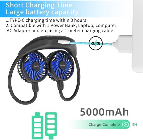 HandFan 10000mAh Portable Neck Fan Rechargeable, Wearable Personal Fans for Neck, Hands Free Necklace Fan Battery Operated, Neck Cooling Air Condition for Men Women Travel Hiking Cycling Outdoors in Kuwait