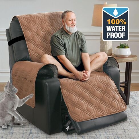 H.VERSAILTEX 100% Waterproof Recliner Chair Cover Non-Slip Sofa Slipcover with Elastic Straps for Pets, Dogs Furniture Protector for Electric Power Lift Recliner Washable with Pocket,Smoke Blue/Beige in Saudi Arabia