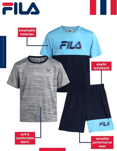 Fila Boys Shorts Set - 3 Piece Active Short Sleeve Shirts and Performance Athletic Shorts - Summer Outfit Set for Boys (4-12) in Saudi Arabia
