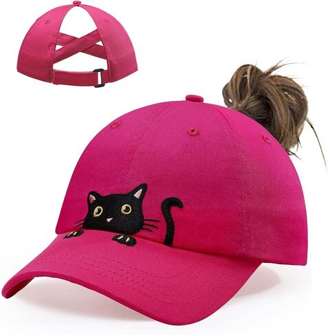 Girls Ponytail Hat Criss Cross Baseball Cap Cute Cat Embroidered Trucker Hat for Women in Saudi Arabia