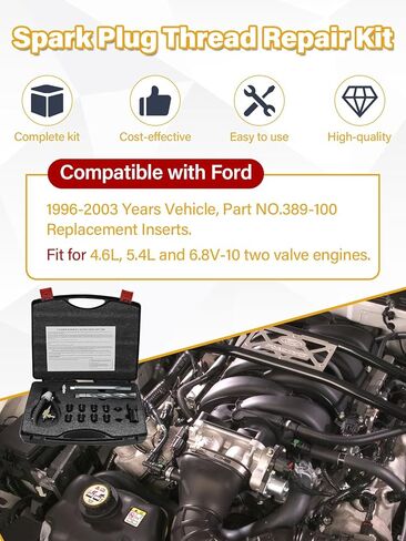 38900 مجموعة أدوات Ford Triton ذات صمامين، طقم إصلاح خيط شمعة الإشعال المتوافق مع Ford 1996 إلى 2003 4.6L، 5.4L و6.8 V-10 Triton محركين بصمام، مجموعة أدوات إدراج قابس الشرارة مع إدراج M14-1.25 in Kuwait