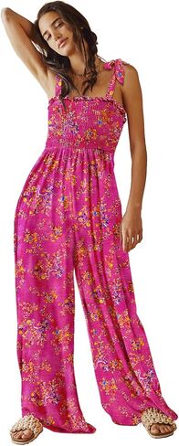 YESNO ملابس نسائية غير رسمية صيفية بربطة كتف مزخرفة بالزهور وواسعة الساق بدلة قفز فضفاضة مع جيوب PZE in Kuwait