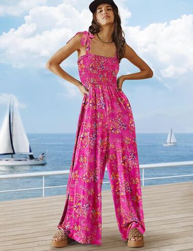 YESNO ملابس نسائية غير رسمية صيفية بربطة كتف مزخرفة بالزهور وواسعة الساق بدلة قفز فضفاضة مع جيوب PZE in Kuwait