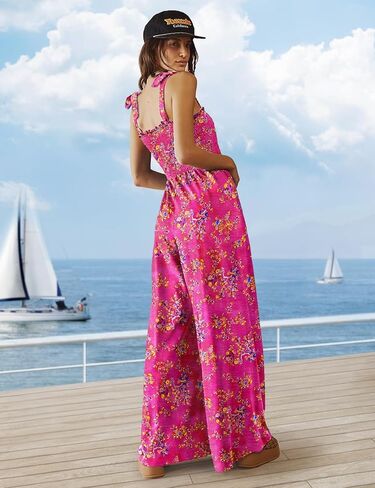 YESNO ملابس نسائية غير رسمية صيفية بربطة كتف مزخرفة بالزهور وواسعة الساق بدلة قفز فضفاضة مع جيوب PZE in Kuwait