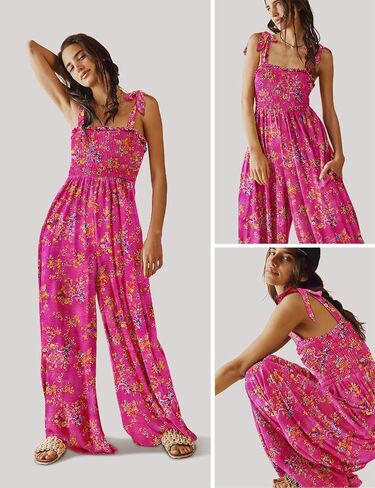 YESNO ملابس نسائية غير رسمية صيفية بربطة كتف مزخرفة بالزهور وواسعة الساق بدلة قفز فضفاضة مع جيوب PZE in Kuwait