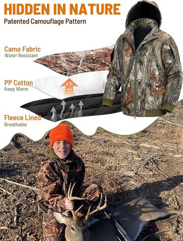 ملابس صيد مموهة للأطفال من NEW VIEW صامتة، سترة وسراويل صيد للشباب للشتاء البارد، معطف صيد مموه للأولاد والبنات (ورقة-S) in Kuwait