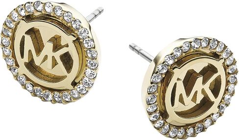 Michael Kors Brass and Pavé Crystal MK Logo Stud Earrings for Women, Color: Gold (Model: MKJ7322710) in Kuwait