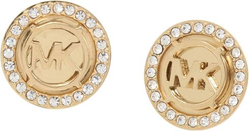 Michael Kors Brass and Pavé Crystal MK Logo Stud Earrings for Women, Color: Gold (Model: MKJ7322710) in Kuwait