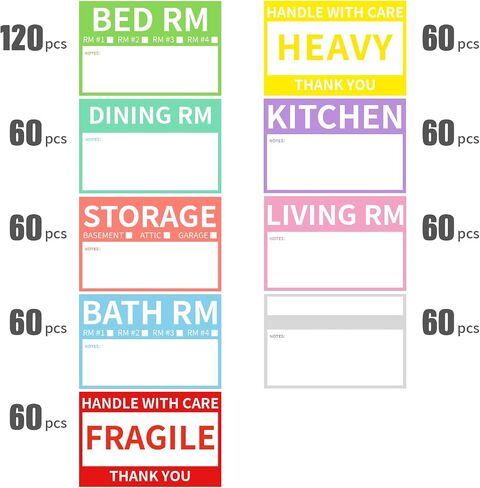 2" x 3’’ Removable Waterproof Home Moving Box Packing Labels for 1/2/3/4 Bedroom Rooms, 9 Designs Color-Coded Moving Stickers Including Fragile 、Heavy and Blank Labels (300 Labels) in Saudi Arabia