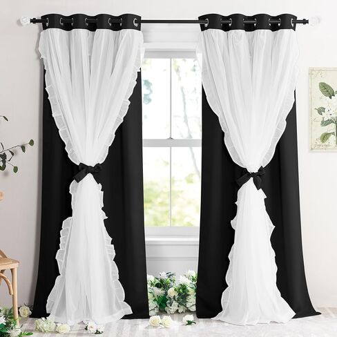 PONY DANCE Girls Curtains for Bedroom Decorative Drapes for Kids Double Layer Curtain Ruffle Sheer Overlay Room Darkening Pretty Chic Princess, 52x84 inch, Black, 2 PCs in Saudi Arabia