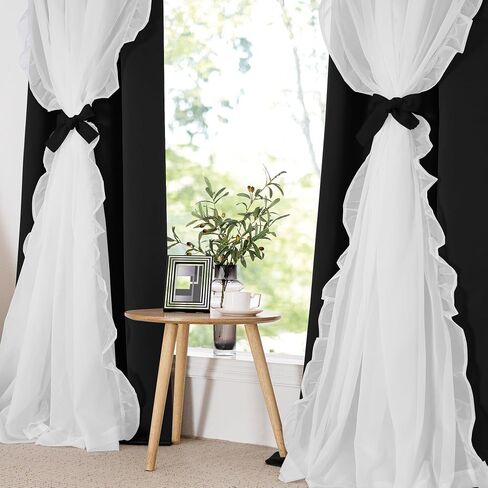 PONY DANCE Girls Curtains for Bedroom Decorative Drapes for Kids Double Layer Curtain Ruffle Sheer Overlay Room Darkening Pretty Chic Princess, 52x84 inch, Black, 2 PCs in Saudi Arabia
